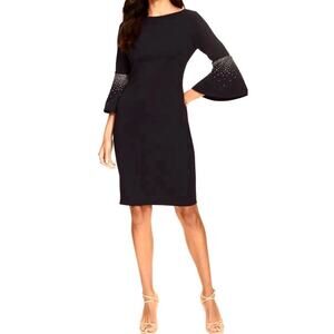 NWT Calvin Klein Dress Sz 10 Black Embellished Bell Sleeve Sheath Knee Length